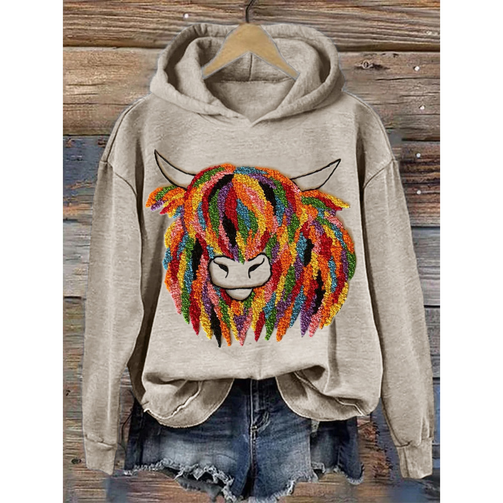 Colorful Highland Cow Embroidery Art Cozy Hoodie