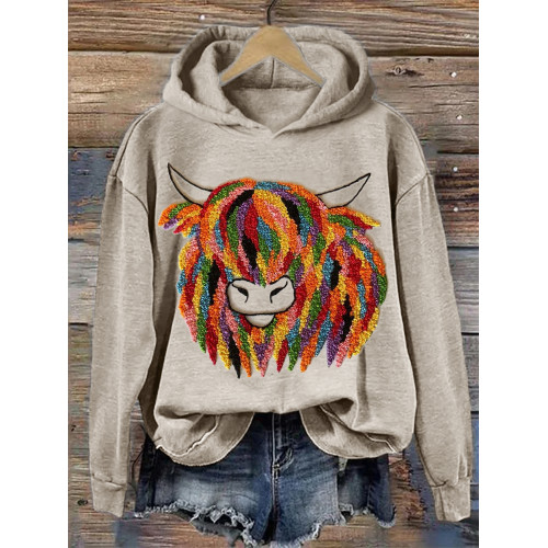 Colorful Highland Cow Embroidery Art Cozy Hoodie