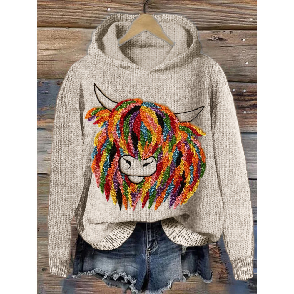 Colorful Highland Cow Embroidery Art Cozy Knit Hoodie