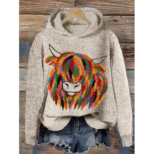 Colorful Highland Cow Embroidery Art Cozy Knit Hoodie