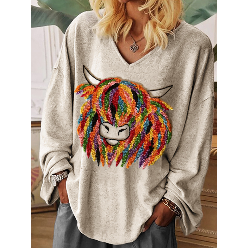 Colorful Highland Cow Embroidery Art Cozy Oversize T Shirt