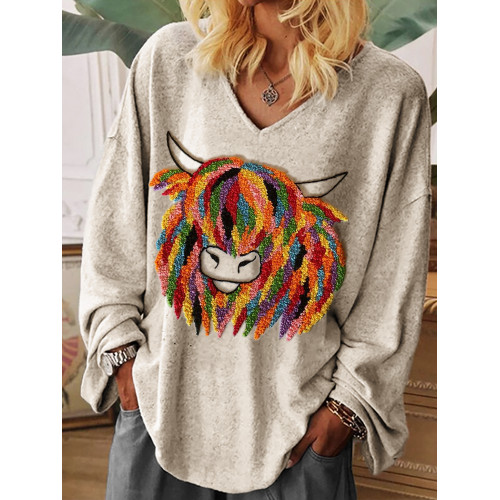 Colorful Highland Cow Embroidery Art Cozy Oversize T Shirt