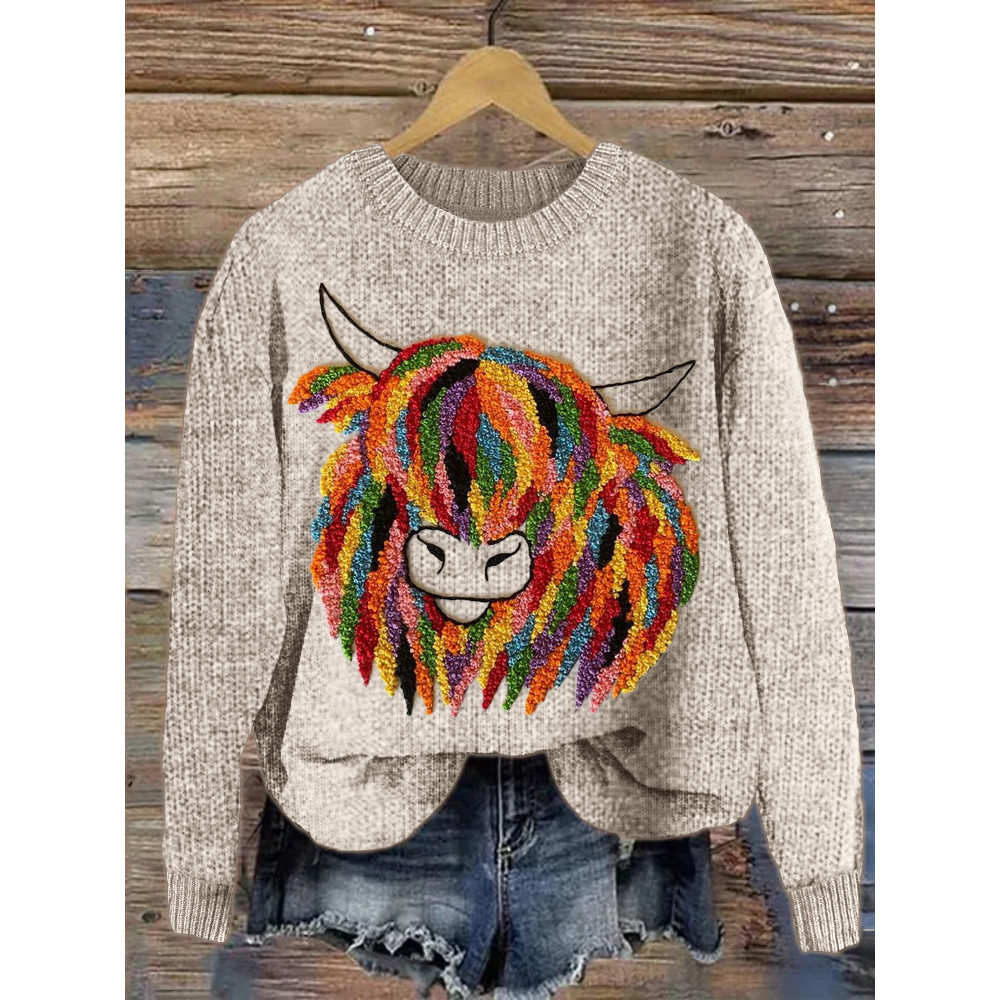 Colorful Highland Cow Embroidery Art Cozy Sweater