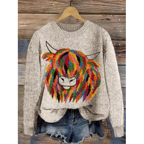 Colorful Highland Cow Embroidery Art Cozy Sweater
