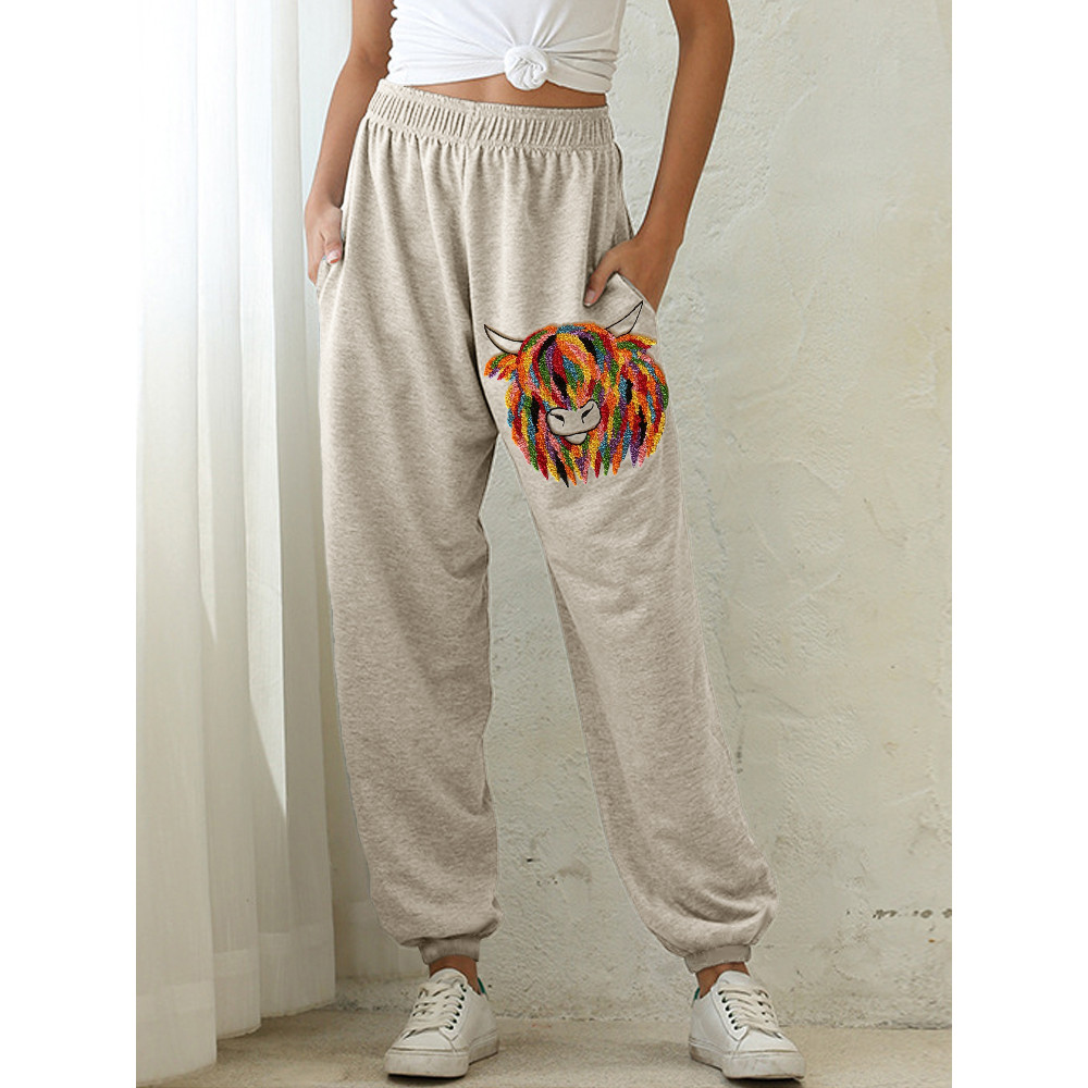 Colorful Highland Cow Embroidery Art Cozy Sweatpants