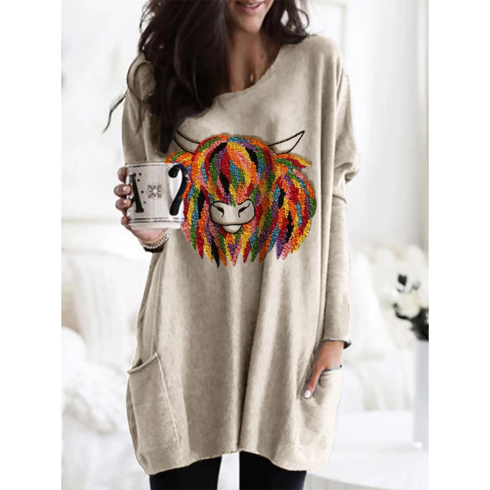 Colorful Highland Cow Embroidery Art Cozy Tunic