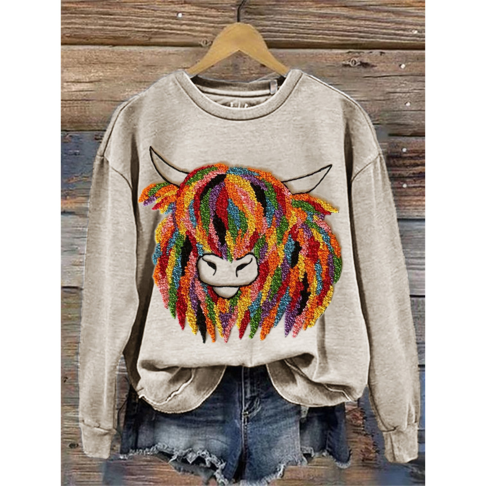 Colorful Highland Cow Embroidery Art Sweatshirt