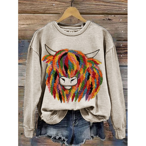 Colorful Highland Cow Embroidery Art Sweatshirt