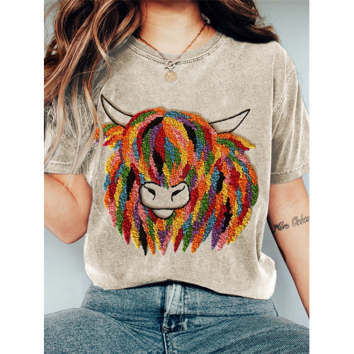 Colorful Highland Cow Embroidery Art Vintage T Shirt