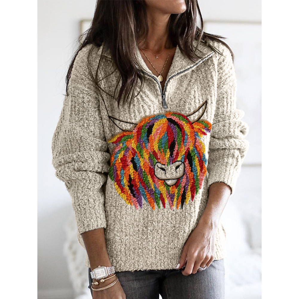 Colorful Highland Cow Embroidery Art Zip Up Cozy Sweater