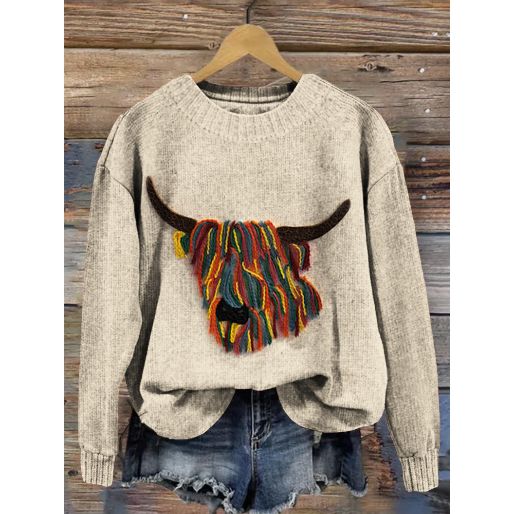 Colorful Highland Cow Embroidery Pattern Cozy Knit Sweater