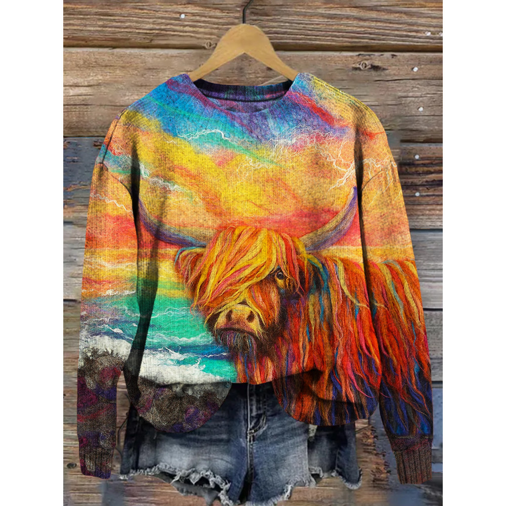 Colorful Highland Cow Felt Art Pattern Comfy Sweater