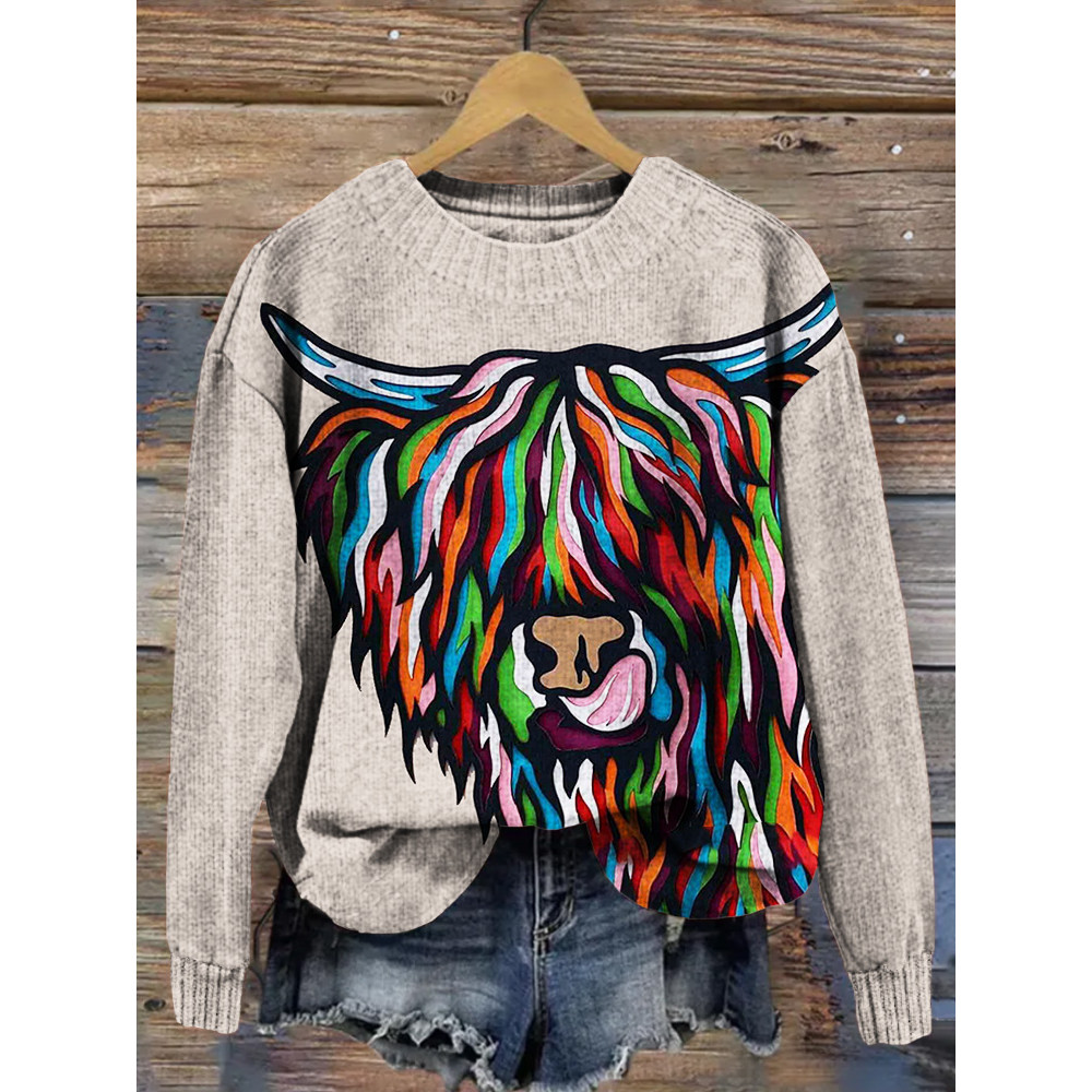 Colorful Highland Cow Mandala Pop Art Cozy Knit Sweater
