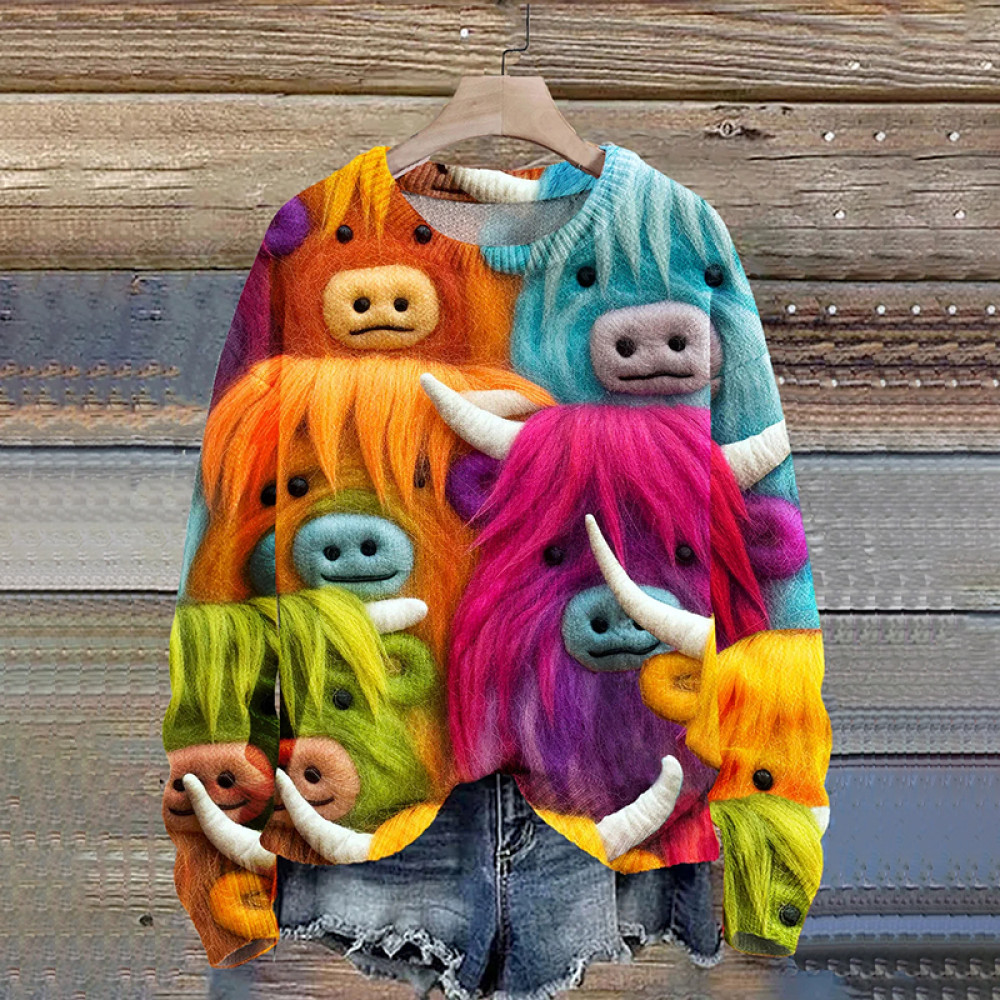 Colorful Highland Cow Seamless Pattern Print Knit Pullover Sweater