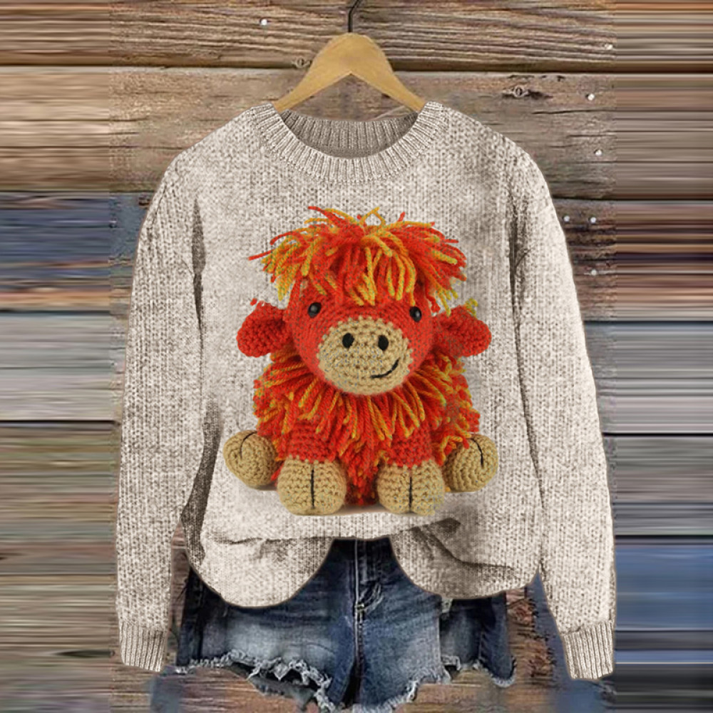 Colorful Hilda The Highland Cow Embroidery Art Cozy Sweater