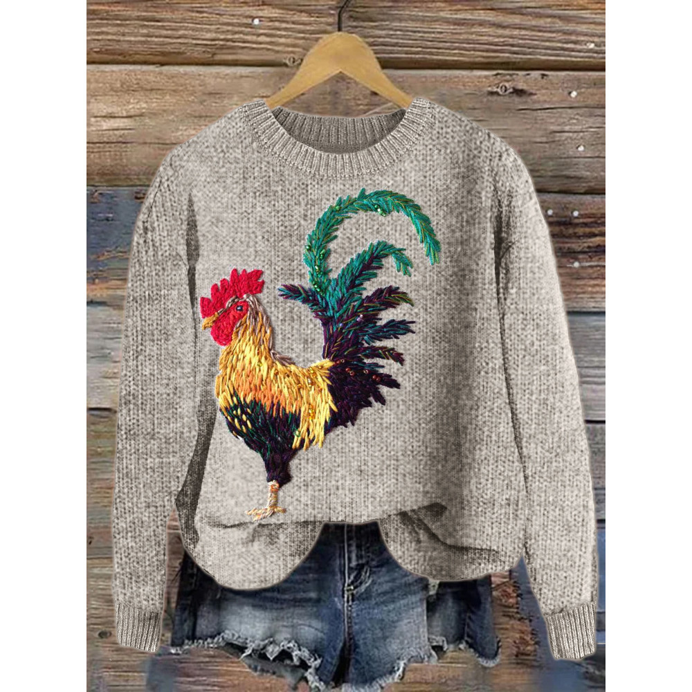 Colorful Rooster Embroidery Art Cozy Knit Sweater