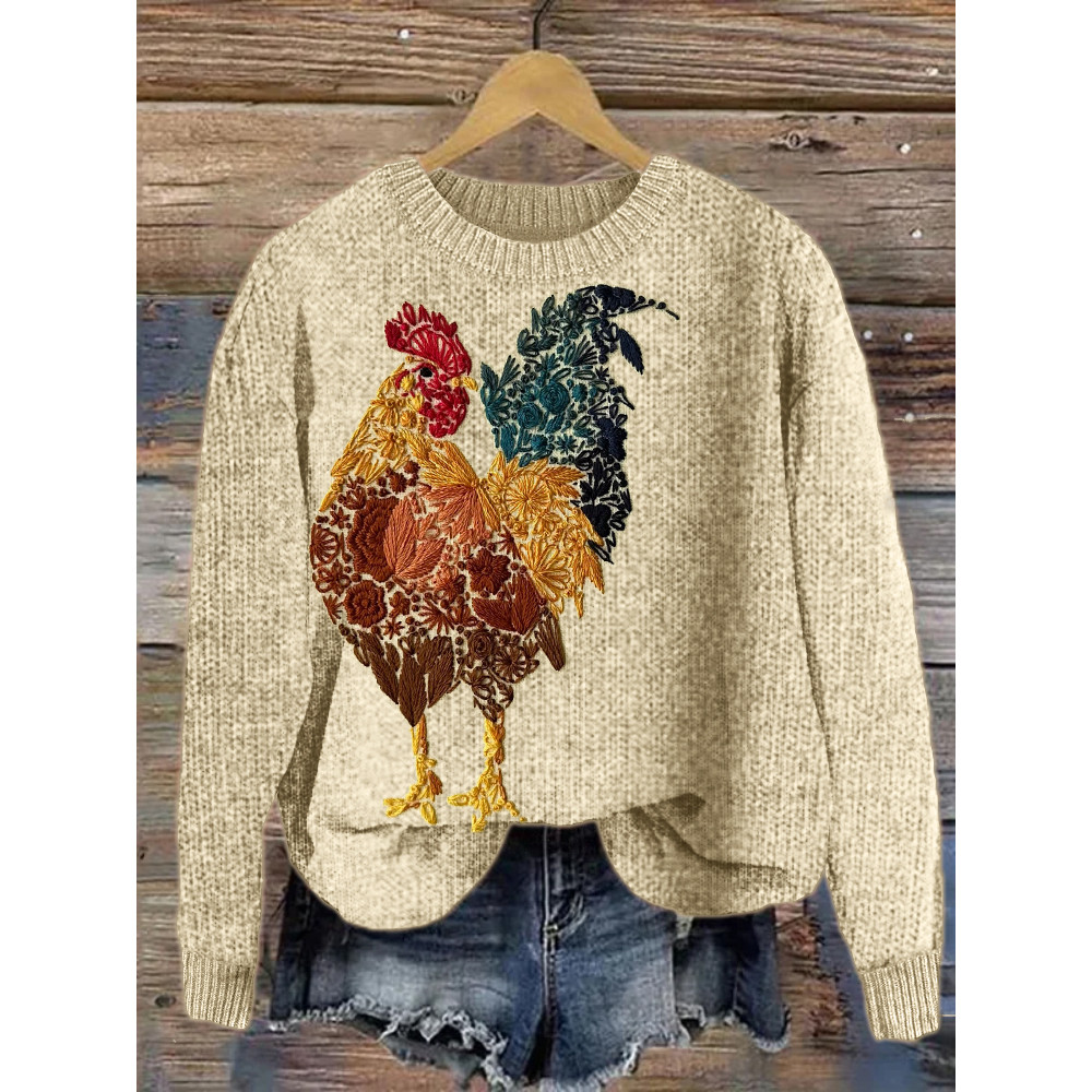 Colorful Rooster Floral Embroidery Cozy Knit Sweater