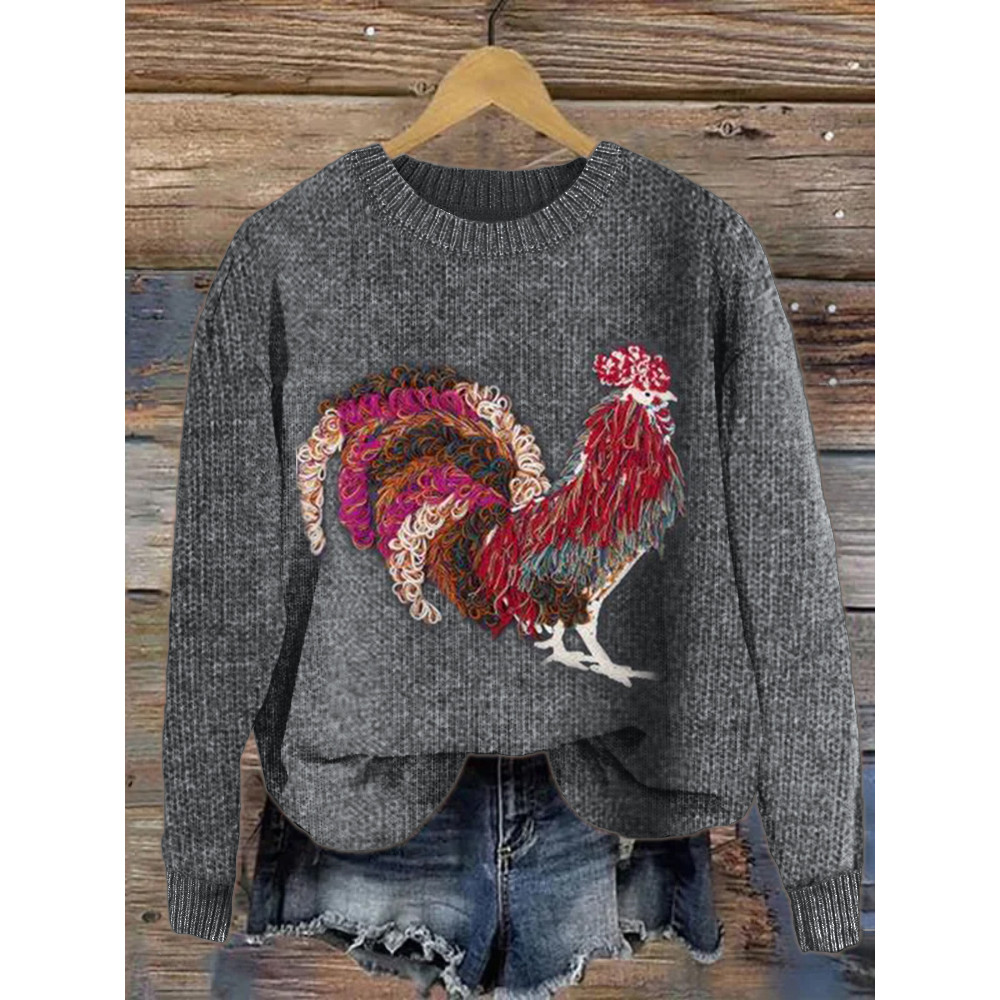 Colorful Rooster Yarn Art Cozy Knit Sweater