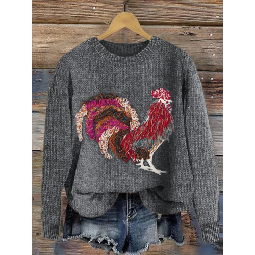 Colorful Rooster Yarn Art Cozy Knit Sweater