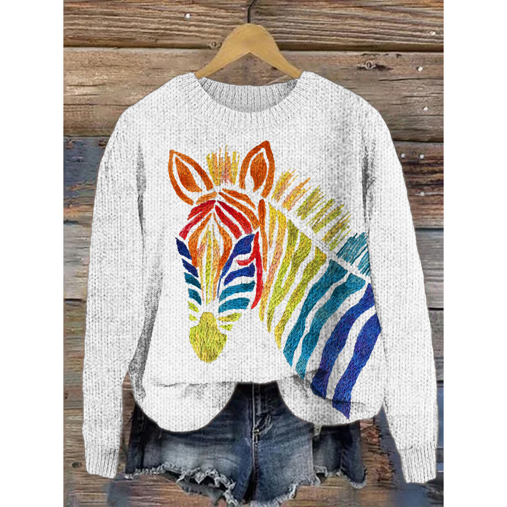 Colorful Zebra Embroidery Pattern Crew Neck Sweater