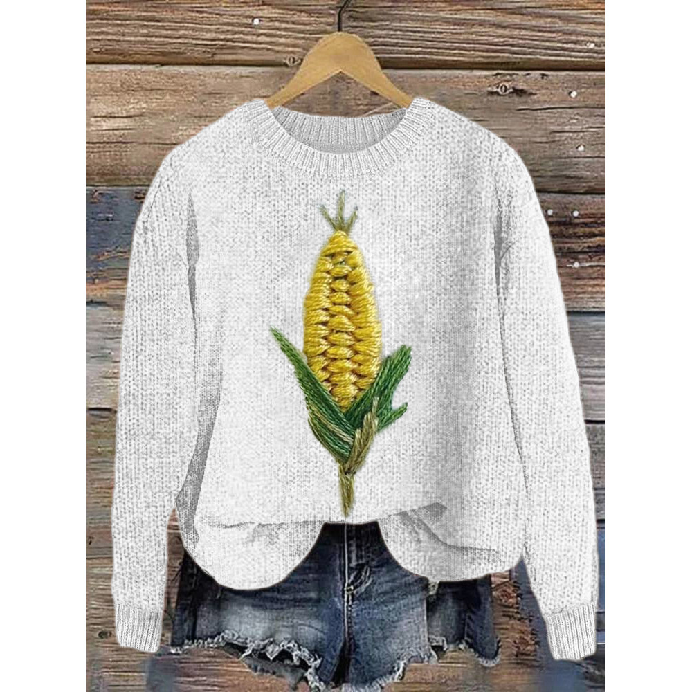 Corn Embroidery Art Casual Cozy Knit Sweater
