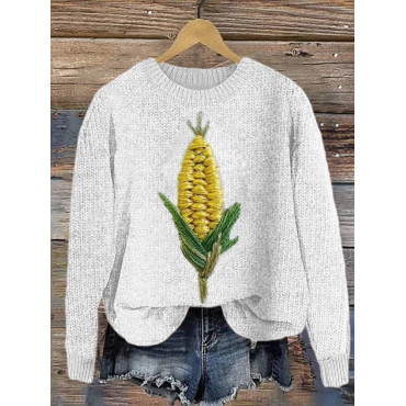 Corn Embroidery Art Casual Cozy Knit Sweater