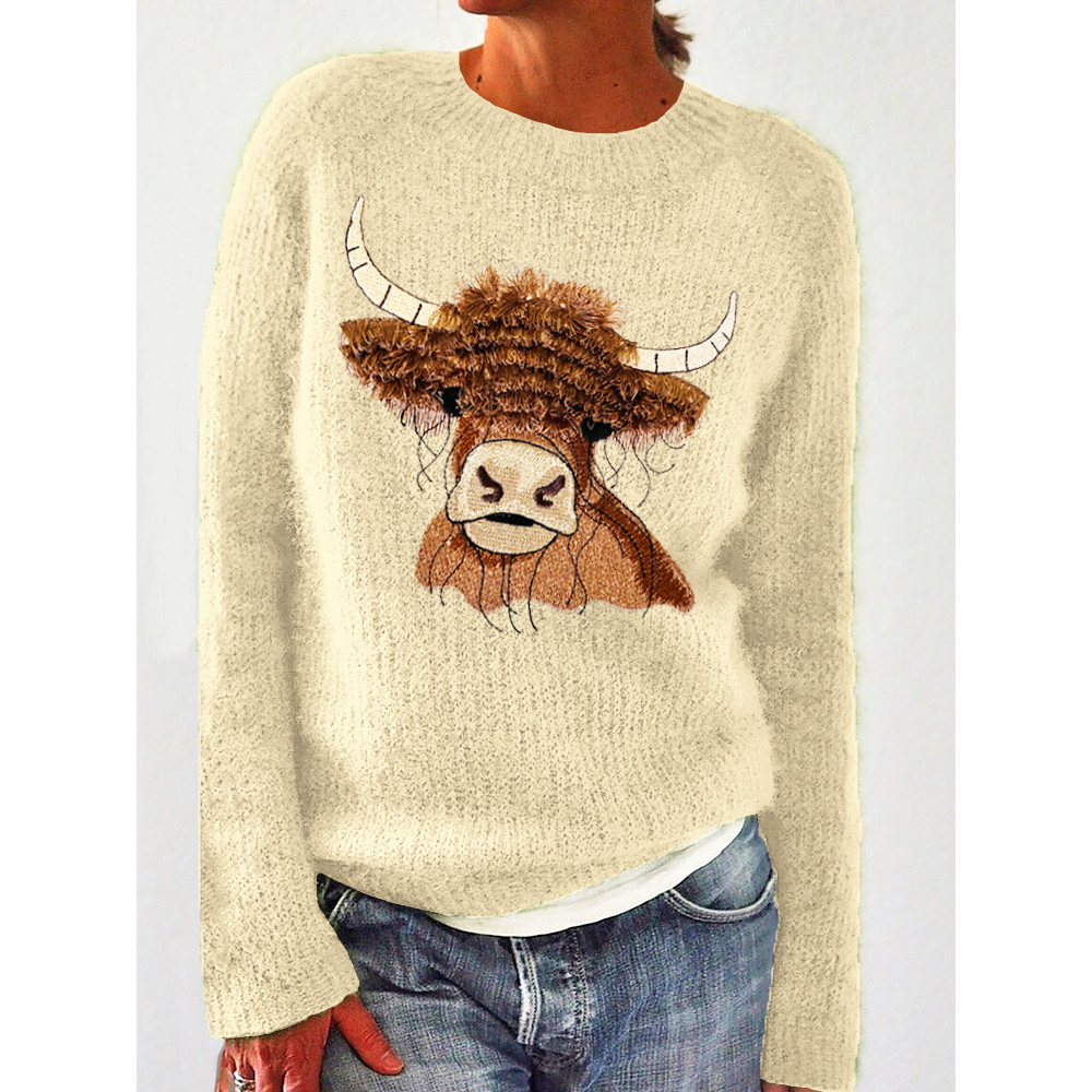 Cow Embroidery Cozy Knit Sweater