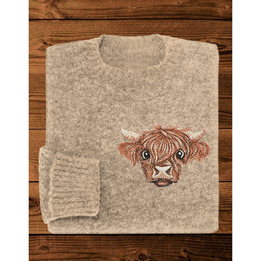 Cow Embroidery Pattern Knit Cozy Sweater