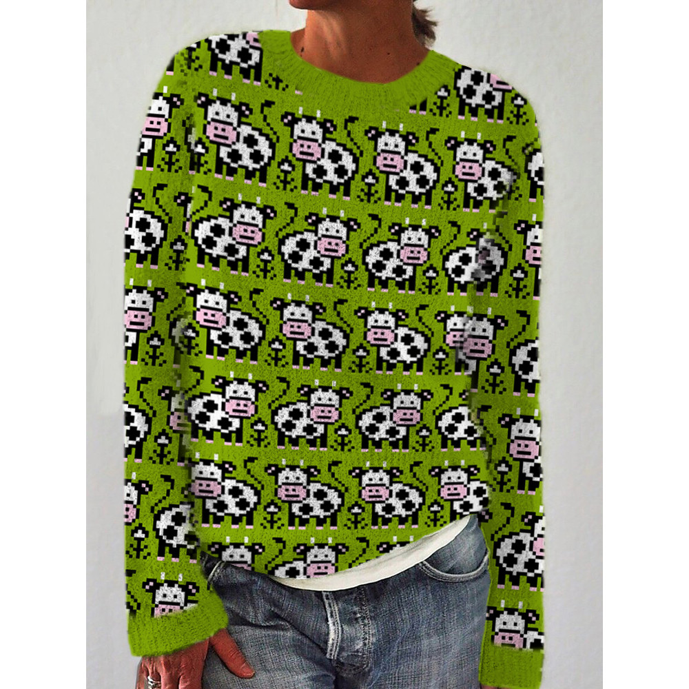 Cow Print Crew Neck Knit Sweater