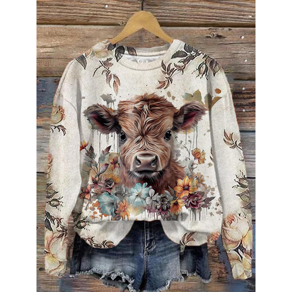 Cow Print Crew Neck Long Sleeve Sweatshirt