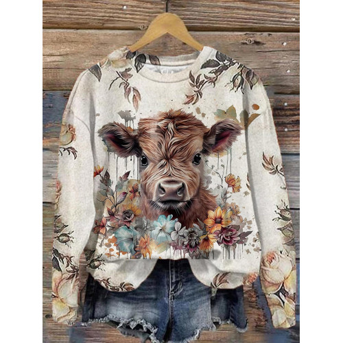 Cow Print Crew Neck Long Sleeve Sweatshirt