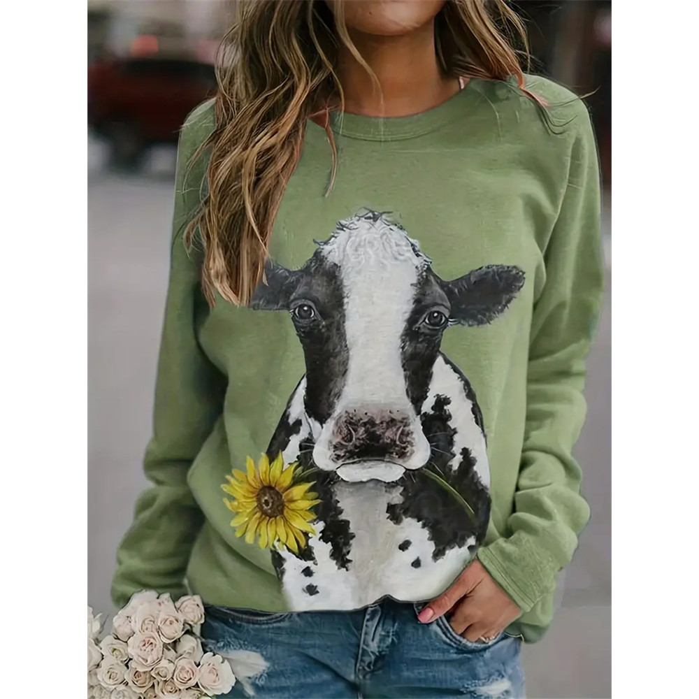 Cow Print Crew Neck Sweatshirt
