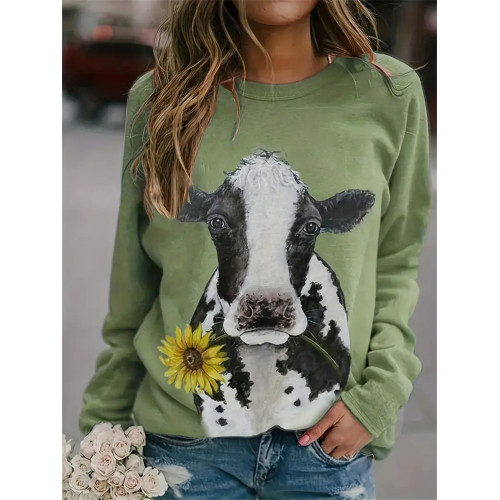 Cow Print Crew Neck Sweatshirt
