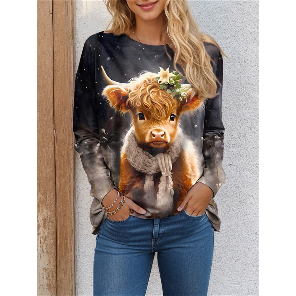 Cow Print Round Neck Long Sleeve T-Shirt