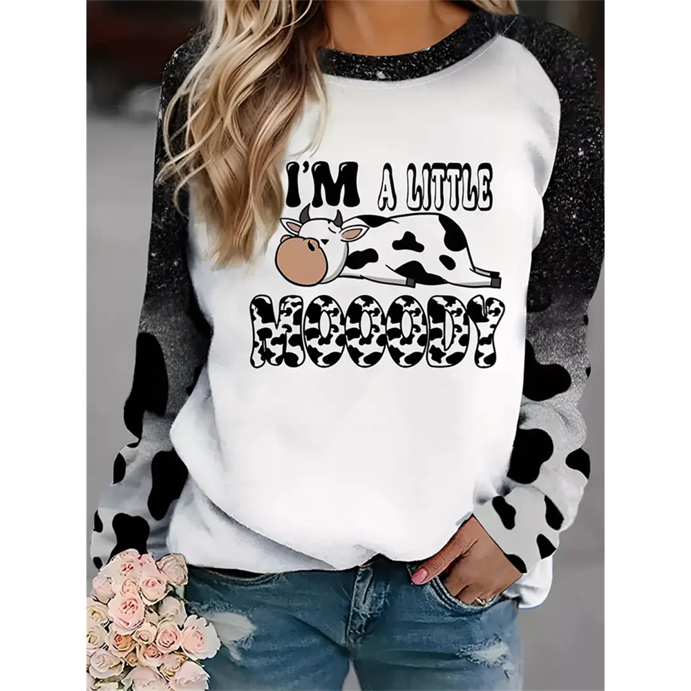 Cow & Letter Print Pullover Sweatshirt