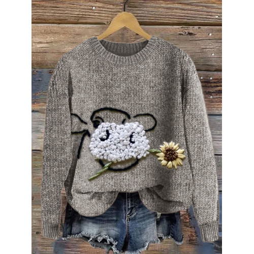 Cow with Sunflower Embroidery Art Cozy Knit Sweater