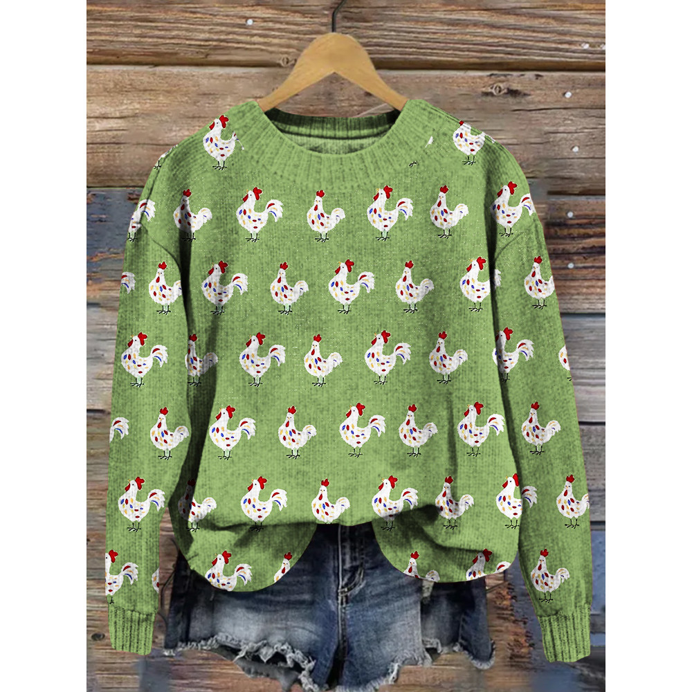 Curious Rooster Chickens Pattern Comfy Knit Sweater