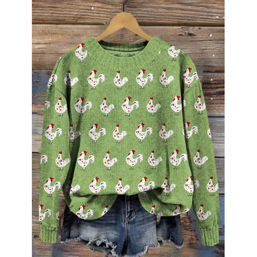 Curious Rooster Chickens Pattern Comfy Knit Sweater