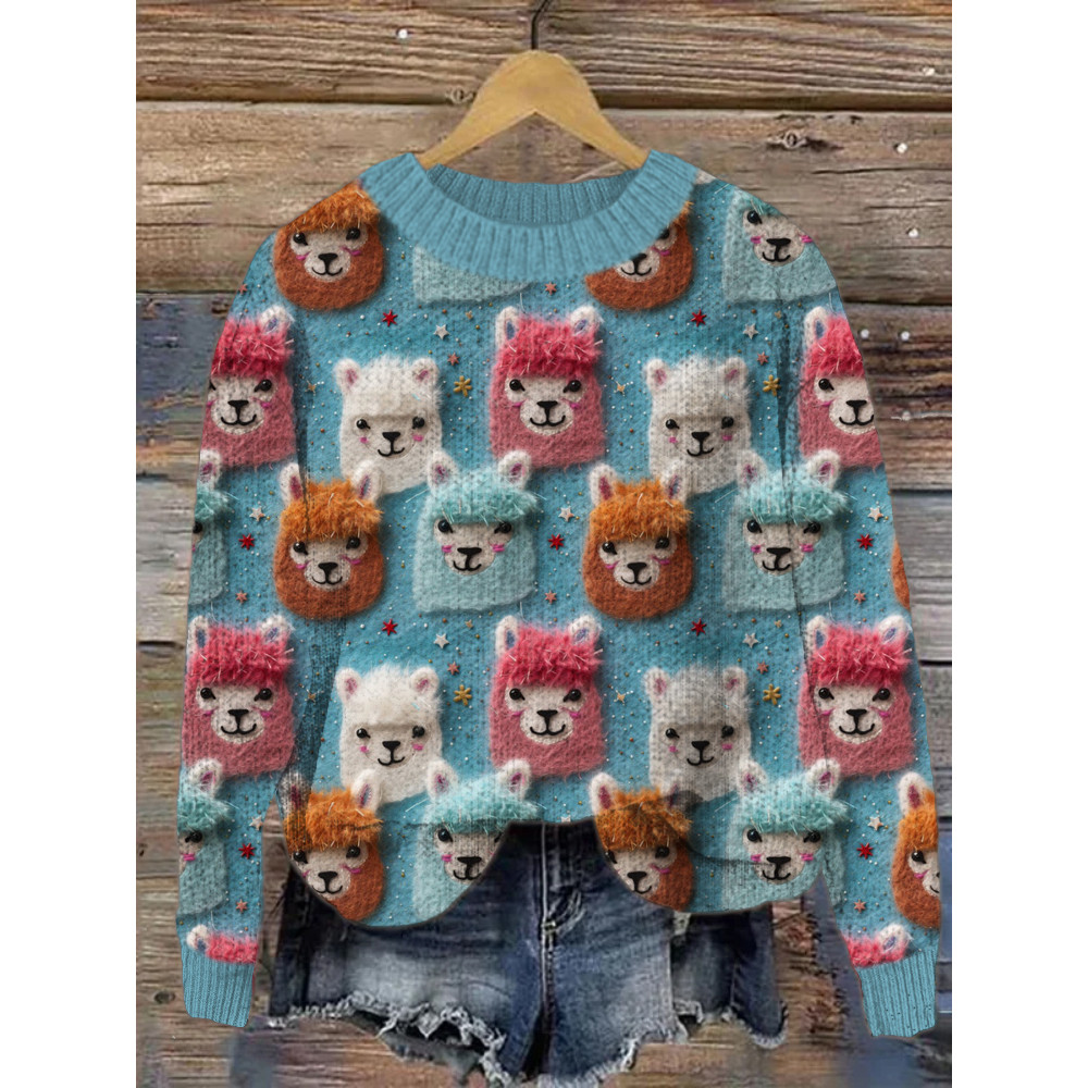 Cute Alpaca Crew Neck Cozy Sweater