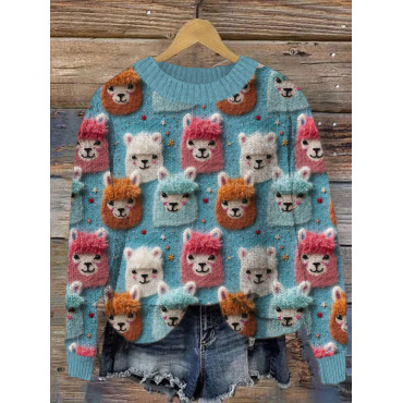 Cute Alpaca Crew Neck Cozy Sweater