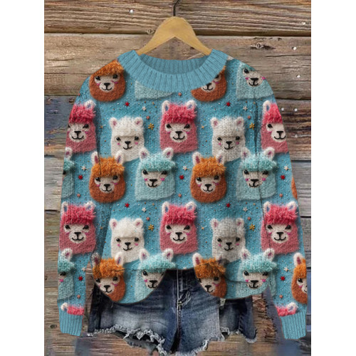 Cute Alpaca Crew Neck Cozy Sweater