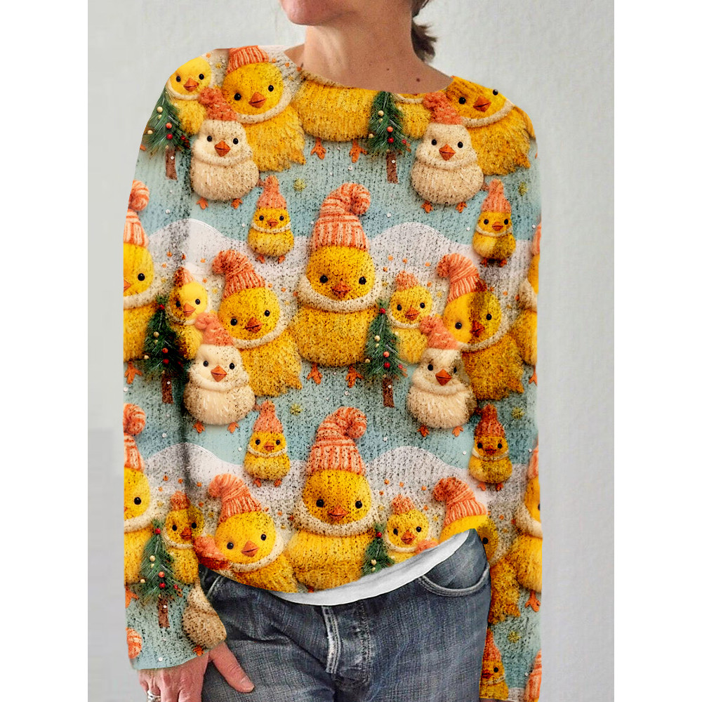 Cute Baby Chick Embroidery Art Cozy Knit Sweater