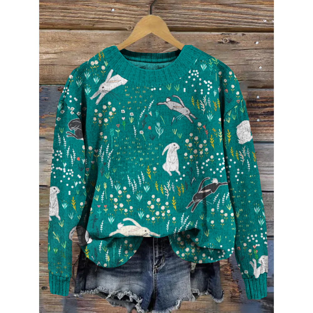 Cute Bunny Graphic Vintage Cozy Knit Sweater