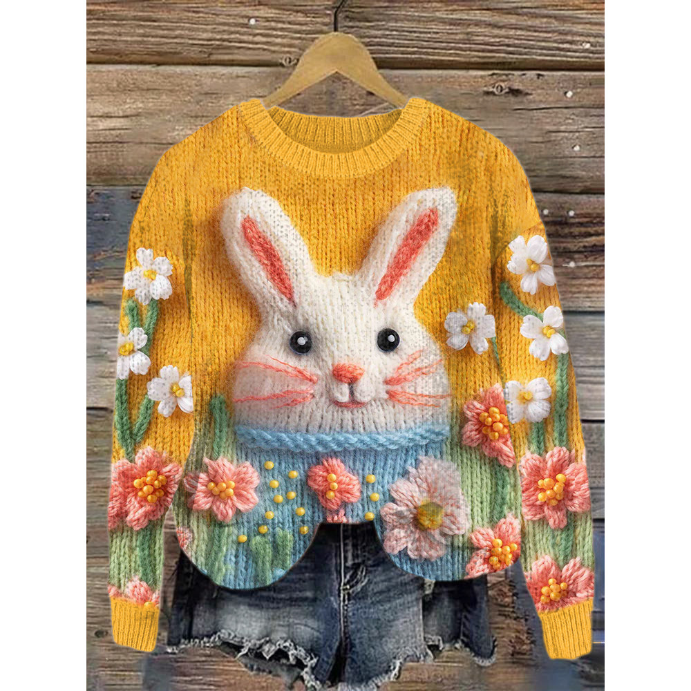 Cute Bunny & Floral Embroidery Art Cozy Knit Sweater