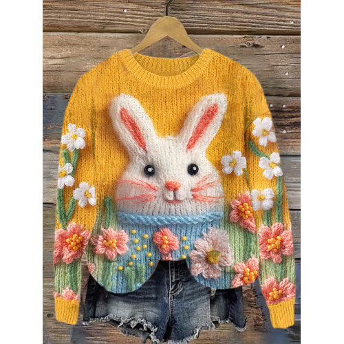 Cute Bunny & Floral Embroidery Art Cozy Knit Sweater