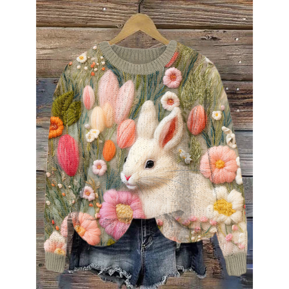 Cute Bunny & Floral Felt Art Cozy Knit Sweater