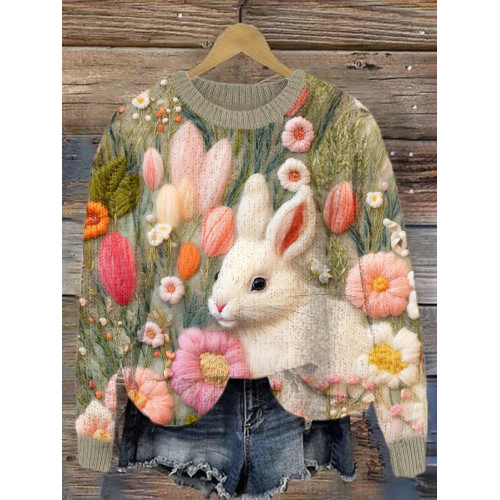 Cute Bunny & Floral Felt Art Cozy Knit Sweater