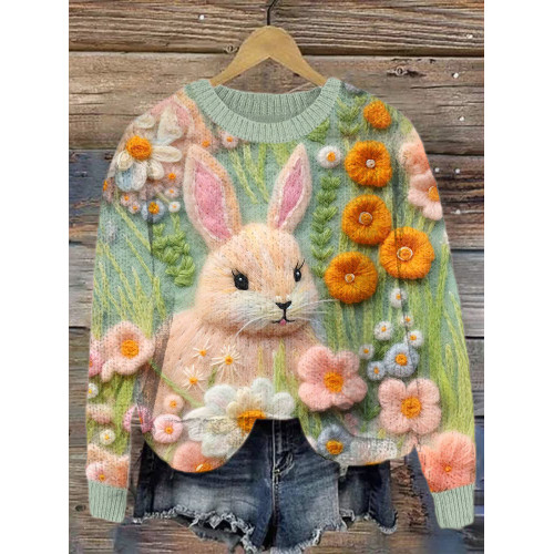 Cute Bunny & Floral Felt Art Cozy Knit Sweater