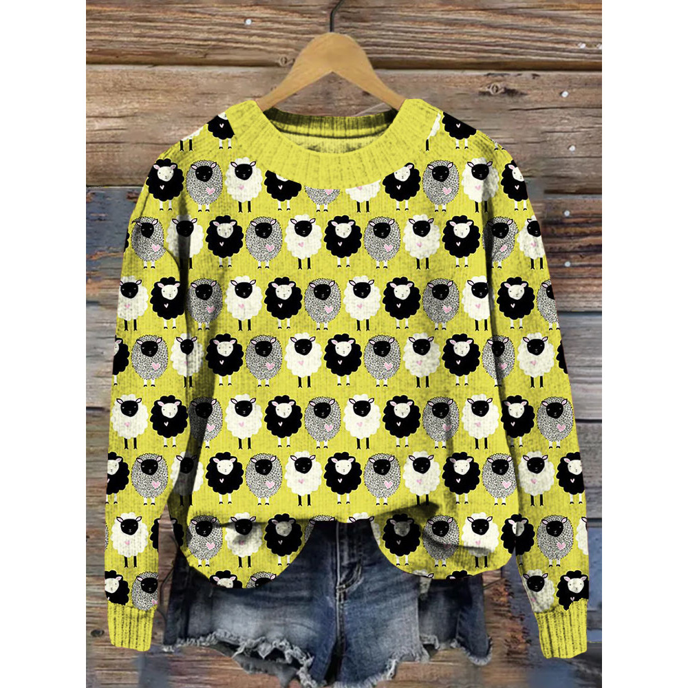 Cute Cartoon Sheep Graphic Comfy Knit Sweater