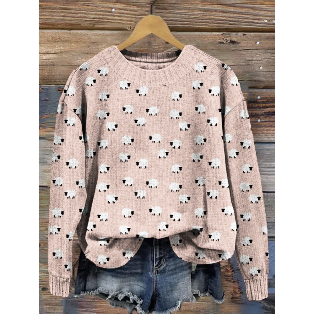 Cute Cartoon Sheep Graphic Comfy Knit Sweater